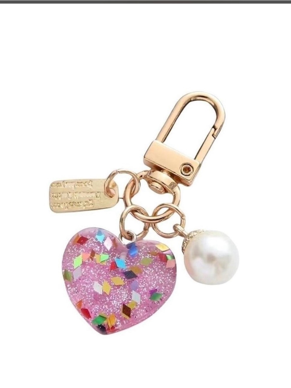 Pink Glitter Heart Bag Charm Keychain Pearl Gold-New